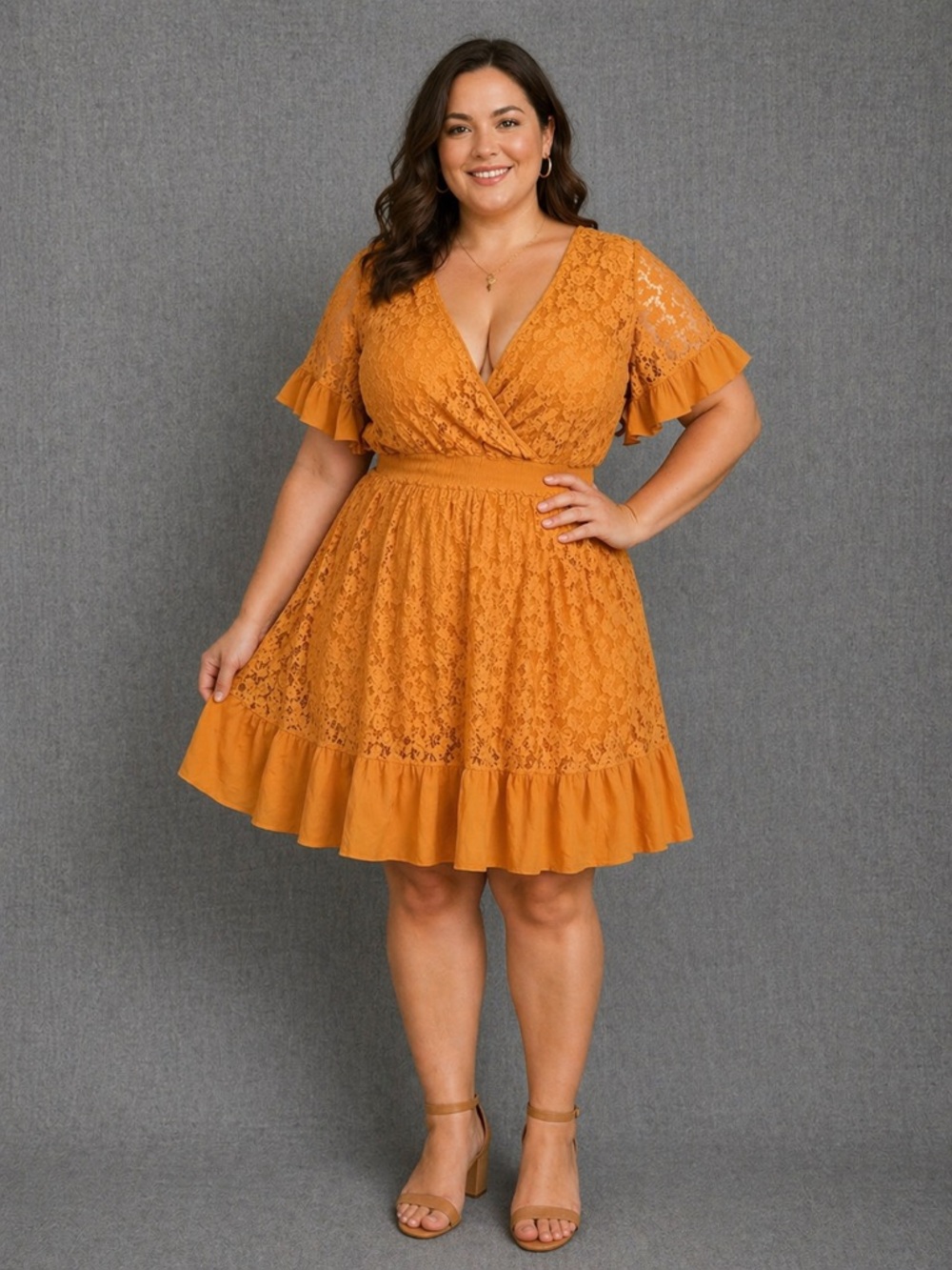 City Chic Asymmetrical Lace Dress in Orange